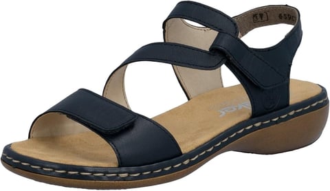 Black leather sandal with velcro straps, tan insole and sole, shown from side view