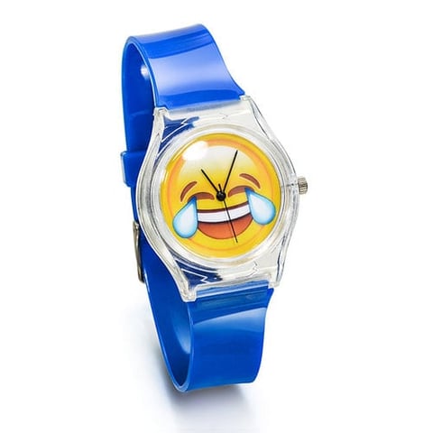 Blue emoji watch with laughing face design and clear plastic case