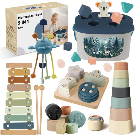 Montessori toys 5-in-1 set including xylophone, stacking cups, sorting shapes, storage basket, drum, and wooden toy figures