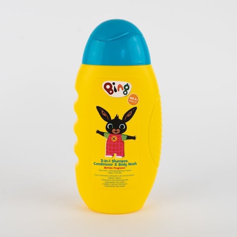 Yellow Bing branded 2-in-1 shampoo and conditioner bottle with blue dome top and character illustration