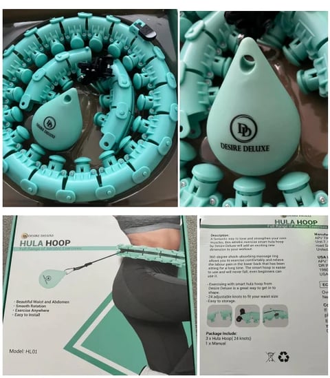 Collage showing turquoise Desire Deluxe hula hoop device with vibrating massage feature and product packaging from multiple angles