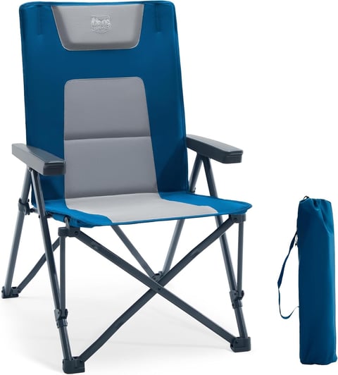 Blue and gray folding camping chair shown with carry bag on white background