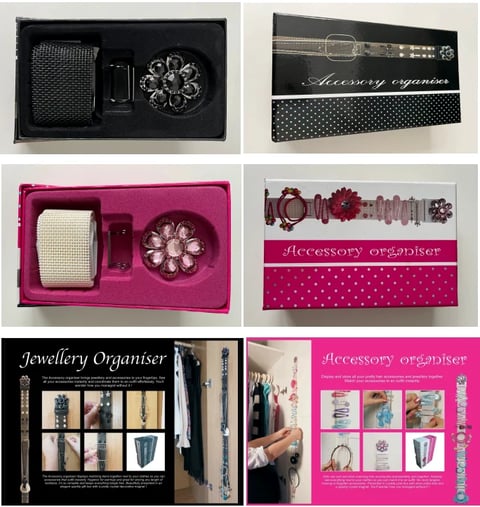 Collection of jewelry and accessory organizers in black, pink, and white packaging with storage compartments and display cases
