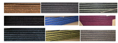Grid of nine fabric textile samples in various colors including brown, gray, green, black, blue, burgundy, teal, and yellow with horizontal striped patterns