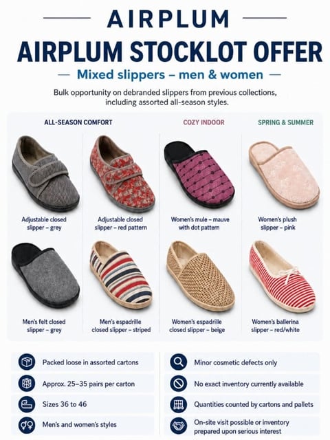 Airplum stocklot offer showcasing mixed slippers for men and women in various styles and seasons with product details and bulk order information