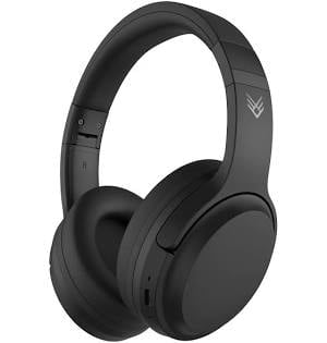 Black over-ear wireless headphones with padded earcups and headband against white background