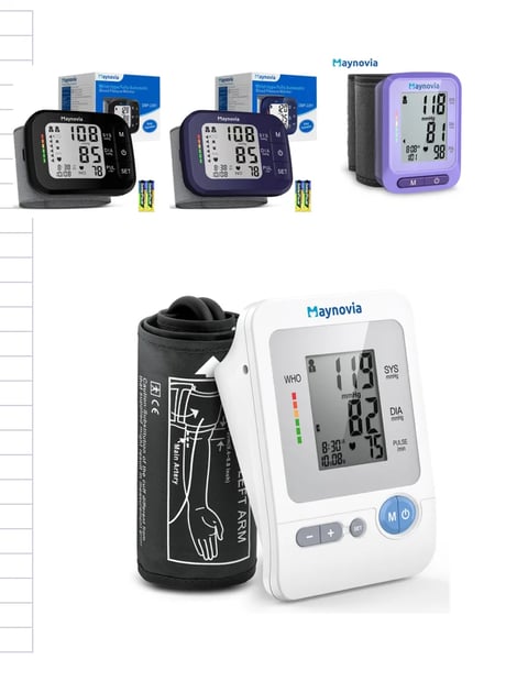 Collection of Haynovia digital blood pressure monitors including wrist and arm cuff models with display screens and accessories