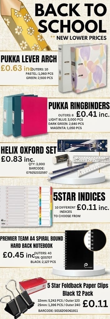 Back to school sale advertisement featuring Pukka lever arch files, ringbinders, Helix Oxford sets, 5-star indices, spiral notebook, and paper clips