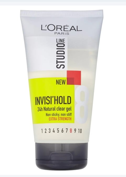 LOreal Paris Studio Line InvisiHold hair gel tube with neon yellow and white label, 24h natural clear gel, extra strength hold