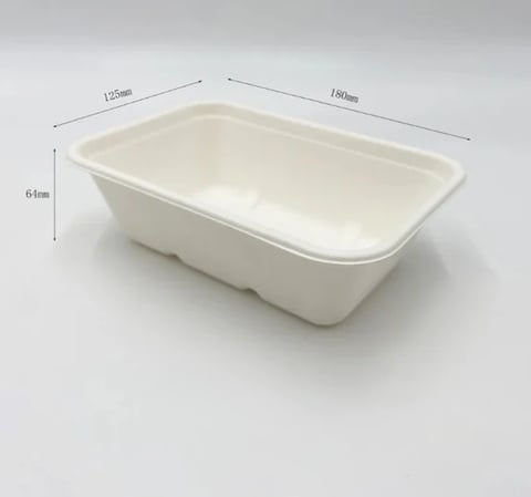 White rectangular plastic food container with dimensions marked as 125mm width, 180mm length, and 61mm height on gray background