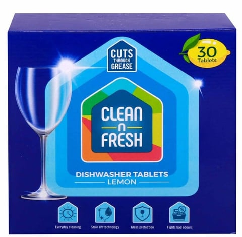 Clean n Fresh lemon dishwasher tablets box with 30 tablets, featuring cuts through grease claim and a clean wine glass image