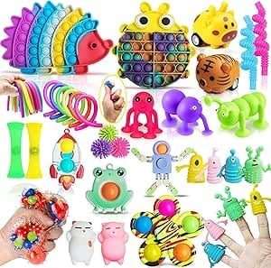 Colorful collection of pop it fidget toys and sensory toys including bubble poppers, spinners, and stress relief gadgets