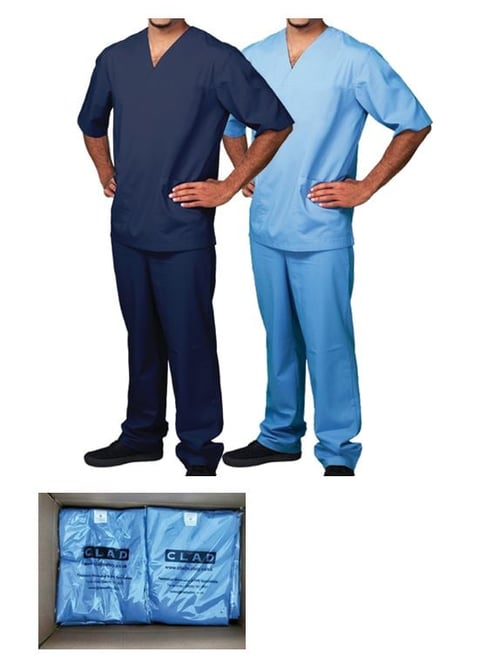 Two men modeling medical scrubs in navy blue and light blue, standing side by side with packaged scrubs shown below