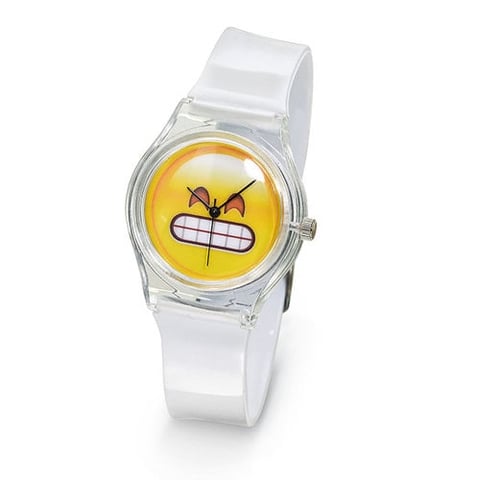 Clear watch with white band displaying a yellow emoji face with closed happy eyes and large grin on the dial