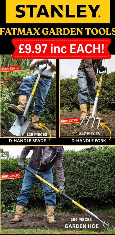 Stanley Fatmax garden tools promotional poster showing D-handle spade, fork, and garden hoe