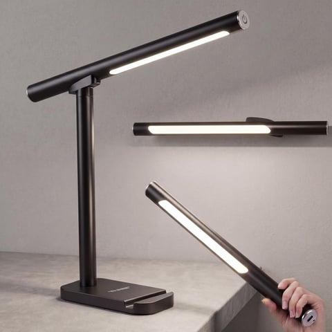 Modern LED desk lamps in black with adjustable arms, showing a desk lamp with stand and portable handheld lamp model.