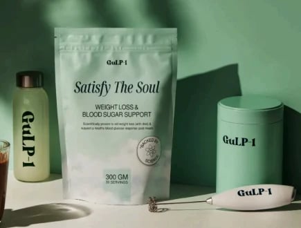 GuLP1 product line featuring Satisfy The Soul supplement pack, green bottle, and branded containers arranged on white surface