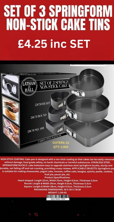 Set of 3 non-stick springform cake tins by Latham & Hall in heart, round, and square shapes