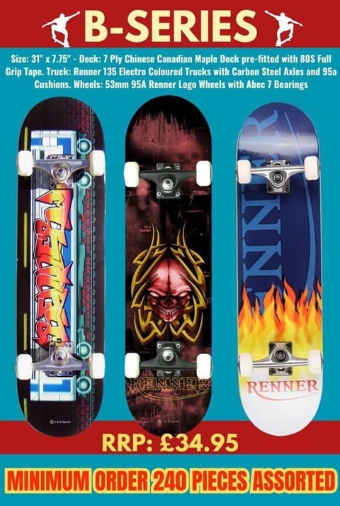 Three B-Series skateboards displayed showing colorful graphic decks with white wheels and Renner trucks