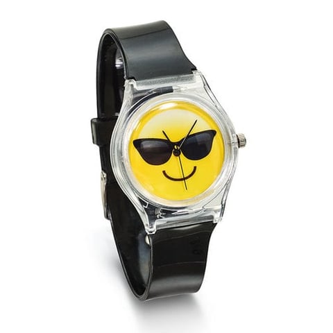 Wristwatch with clear case and black strap featuring yellow smiley face dial wearing sunglasses