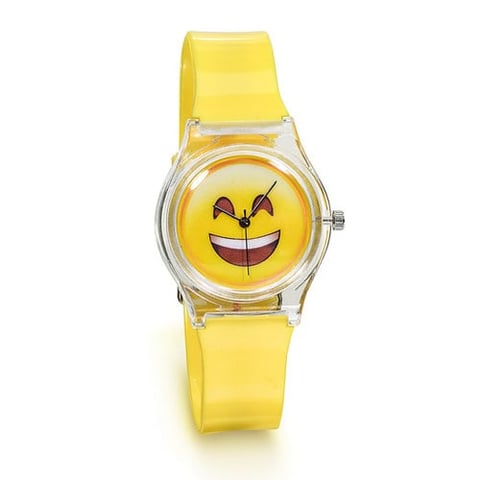 Yellow wristwatch with clear face featuring a laughing smiley emoji design and yellow rubber band