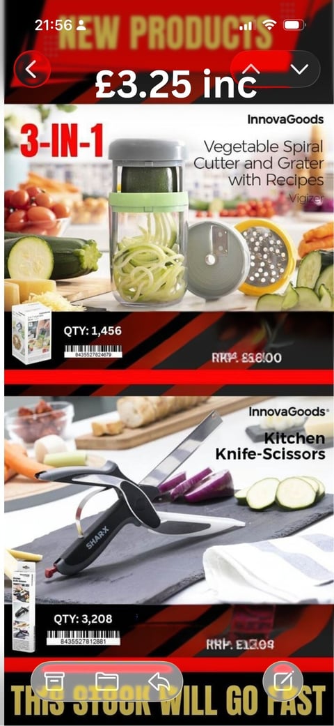 Product listing showing InnovaGoods 3-in-1 vegetable spiral cutter and kitchen knife-scissors