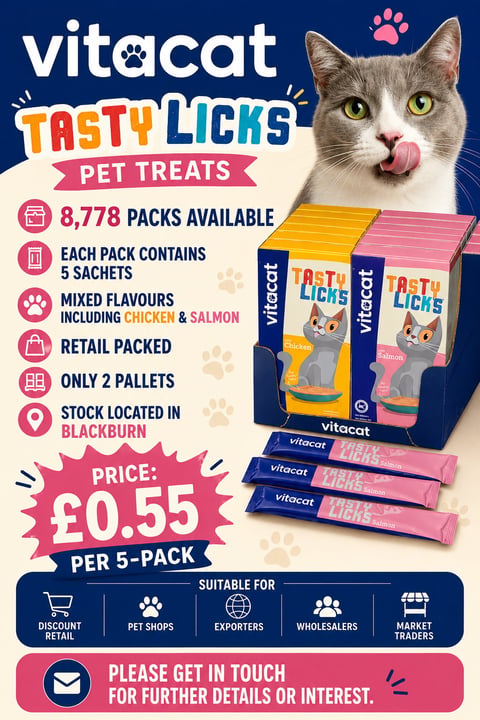 Vitacat Tasty Licks pet treats promotional flyer with cat licking lips, product boxes, and availability details