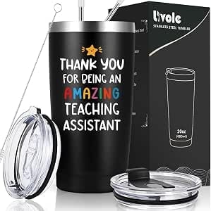 Black insulated tumbler with Thank You for Being an Amazing Teaching Assistant message, shown with lid and straw