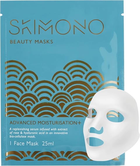 SKIMONO Advanced Moisturisation face mask packet in turquoise with a white sheet mask displayed in front