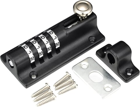 Black combination lock with dial mechanism, mounting bracket, metal plate, and installation screws for securing to door or cabinet