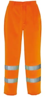 Orange reflective safety pants with gray hi-visibility stripes on legs