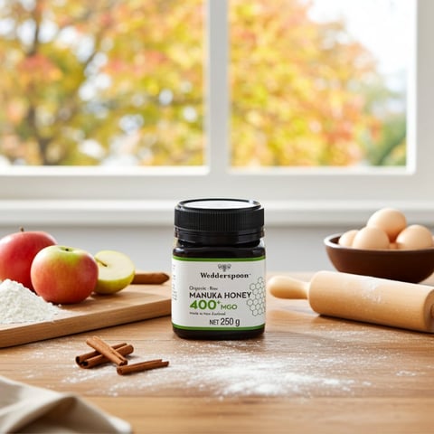 Jar of Wedderspoon Manuka Honey 400 MGO on wooden counter surrounded by apples, eggs, cinnamon sticks, flour, and rolling pin with autumn window view